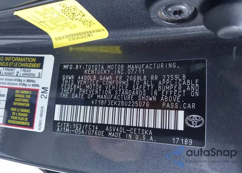 2011 Toyota Camry Se из США, поврежденный, VIN 4T1BF3EK2BU225076